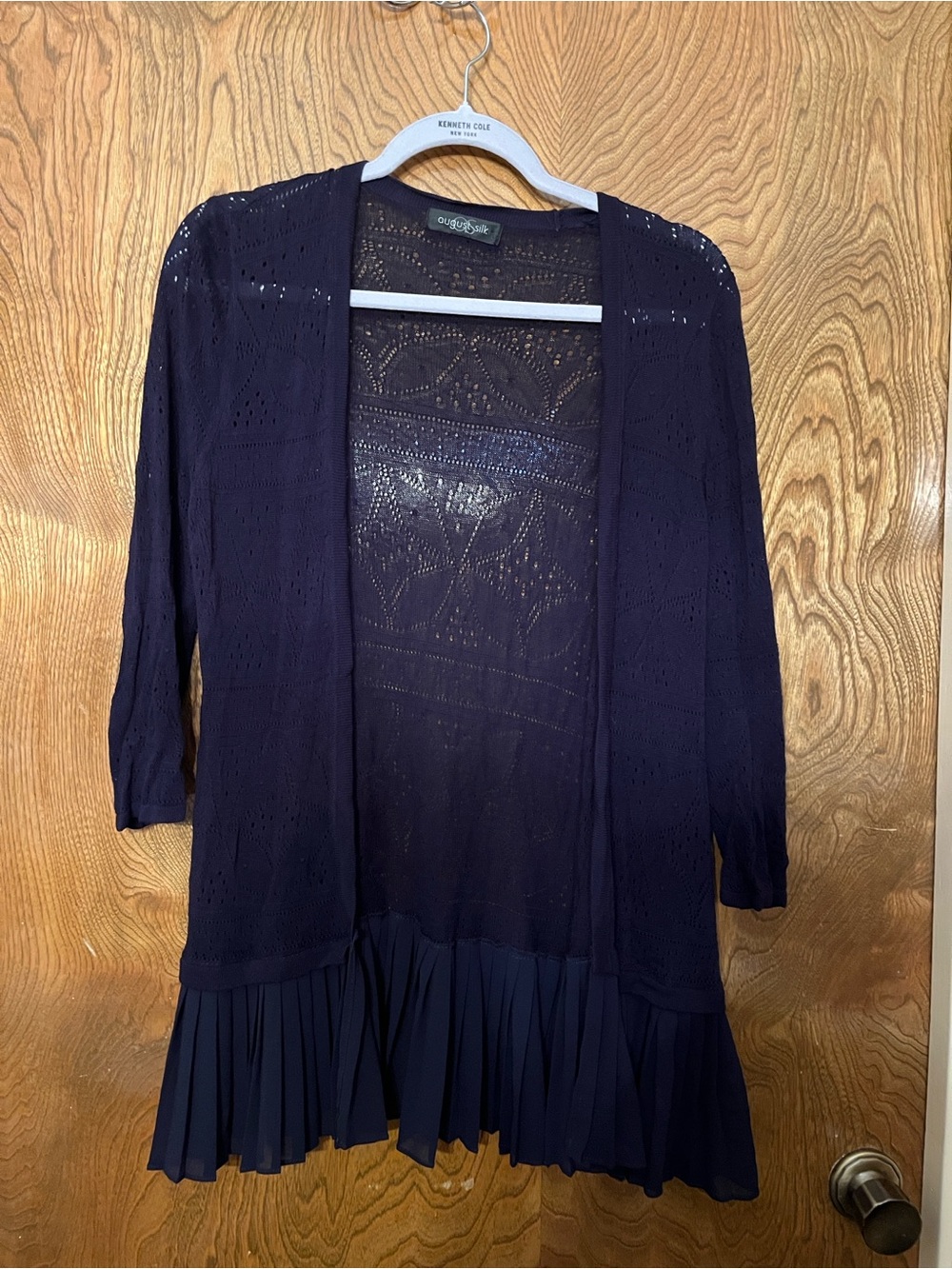S Women's Navy Crochet Knit cardigan with Pleated Hem